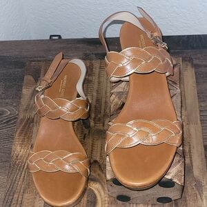 Michael Kors  Brown & Gold Leather Braided Slingback Wedges SZ 37 US 6